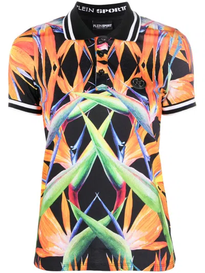 Plein Sport Floral-print Cotton Polo Top In Black