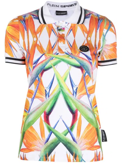 Plein Sport Floral-print Cotton Polo Top In White
