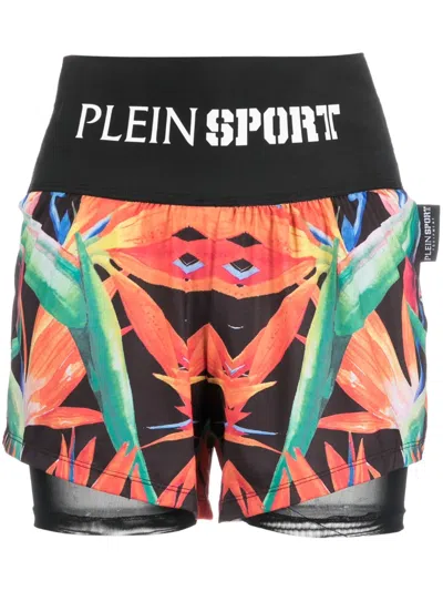 Plein Sport Floral-print Double-layered Cotton Running Shorts In Black