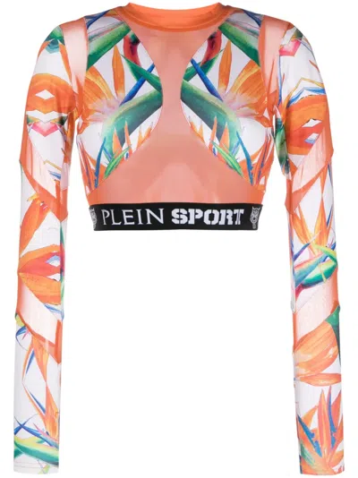 Plein Sport Floral-print Long-sleeved Cotton Crop Top In Orange