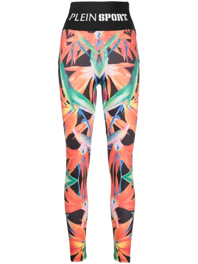 Plein Sport Floral-print Stretch Leggings In Black