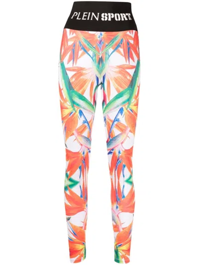 Plein Sport Floral-print Stretch Leggings In Black