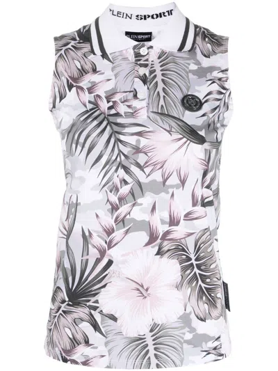 Plein Sport Floral Sleeveless Polo Shirt In White