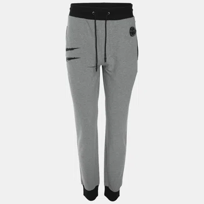 Pre-owned Plein Sport Grey/black Jersey Logo Print Joggers Xl In Gray