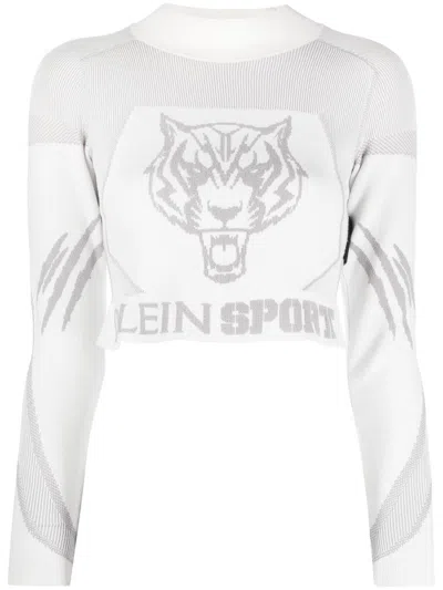 Plein Sport Jacquard Long-sleeved Knitted Crop Top In White