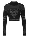 Plein Sport Knit Jacquard Cropped Top Ls In Black
