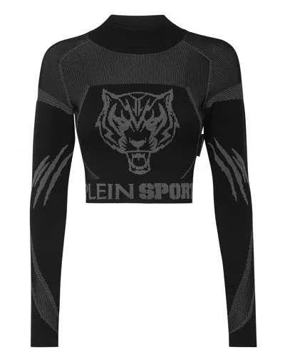 Plein Sport Knit Jacquard Cropped Top Ls In Black