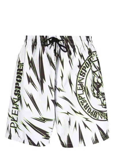Plein Sport Lightning-print Swim Shorts In Weiss