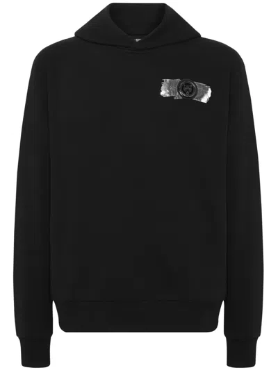 Plein Sport Logo-appliqué Metallic-detail Hoodie In Black