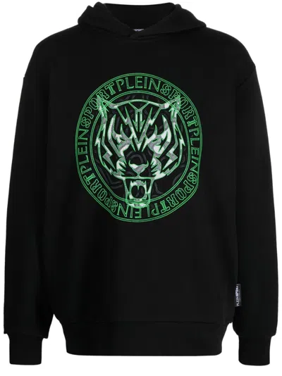 Plein Sport Logo-tiger-print Hoodie In Black