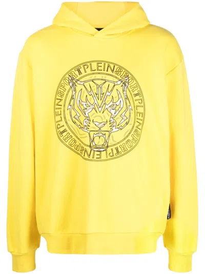 Plein Sport Logo Tiger-print Hoodie In Yellow