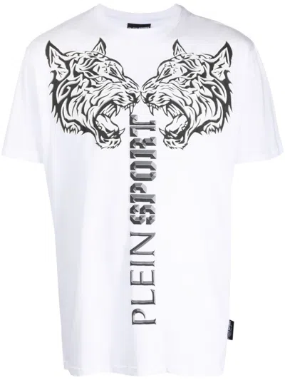 Plein Sport Logo Tiger-print T-shirt In Weiss