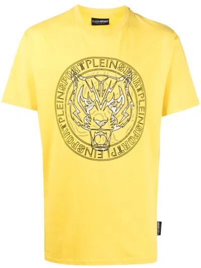 Plein Sport Logo Tiger-print T-shirt In Yellow