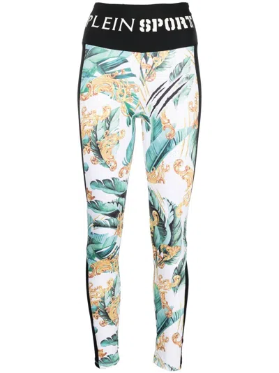 Plein Sport Logo-waistband Graphic-print Leggings In White