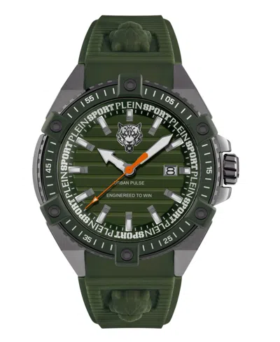 PLEIN SPORT MENS URBAN PULSE 3 HAND DATE QUARTZ GREEN SILICONE STRAP 47MM