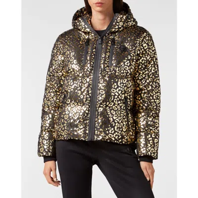 Plein Sport Nylon Puffer Jacket Leopard Women In Gold