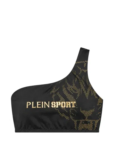 Plein Sport One-shoulder Logo-print Bikini Top In Black