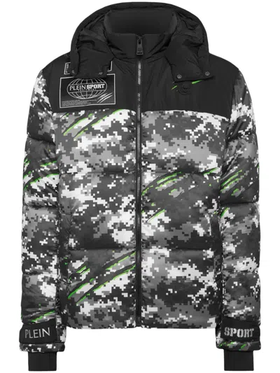 Plein Sport Pixel Puffer Jacket In Black