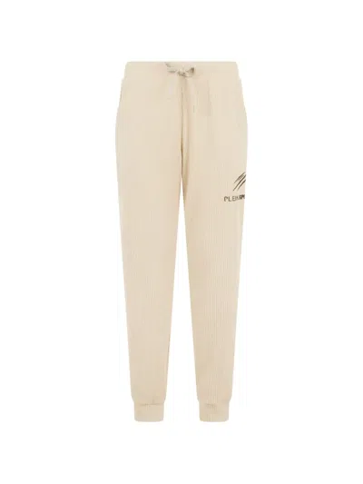 Plein Sport Ribbed Drawstring Trousers In Neutral