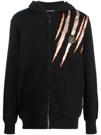 Plein Sport Scratch-print Long-sleeved Hoodie In Black