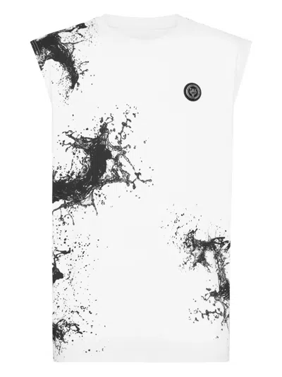 Plein Sport Cotton Vest With Abstract Print And Hexagon Logo In White