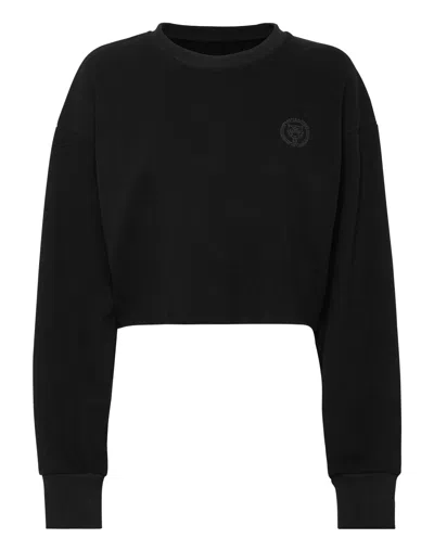 Plein Sport Sponge Cropped Sweatshirt Round Neck Ls In Black