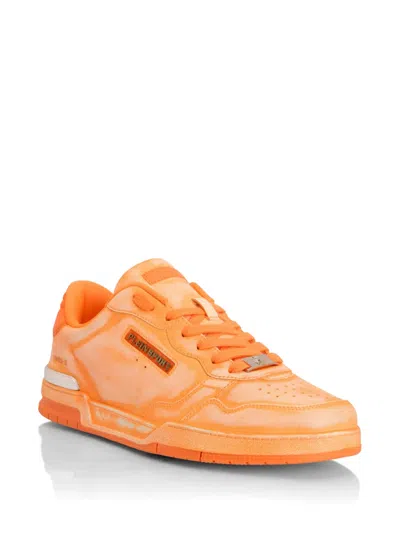 Plein Sport Sprayed Leather Sneakers In Orange