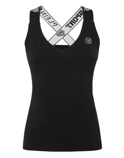 Plein Sport Logo Strap V-neck Cotton Tank Top In Black