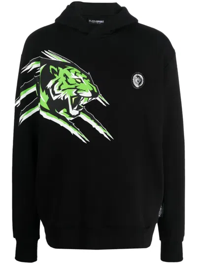Plein Sport Tiger Graphic-print Cotton Hoodie In Black