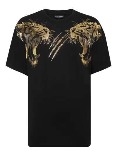 Plein Sport Tiger-head Gold-foil T-shirt In Black