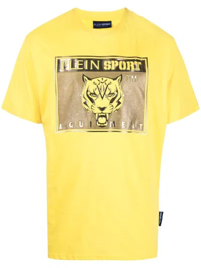Plein Sport Tiger-head Logo-print T-shirt In Yellow