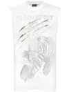 Plein Sport Cotton Dotted T-shirt Round Neck Sleeveless Lamina Tiger In White