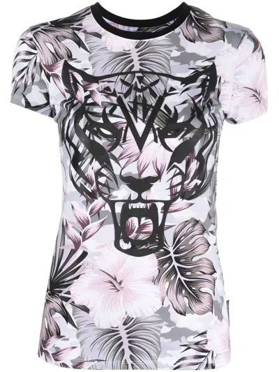 Plein Sport Tiger-print Floral T-shirt In White
