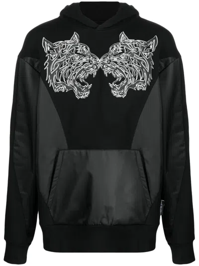 Plein Sport Tiger-print Panelled Hoodie In Black