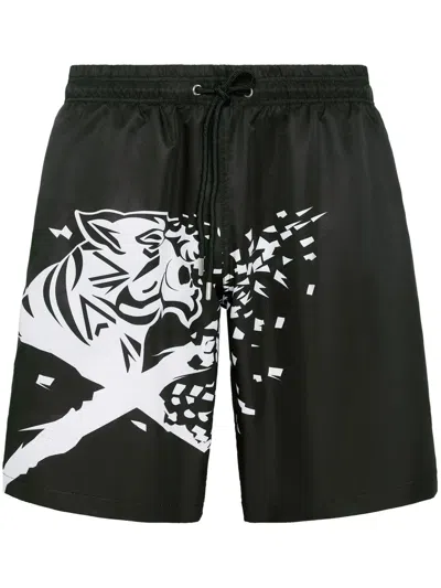 Plein Sport Tiger Print Swim Shorts In Black