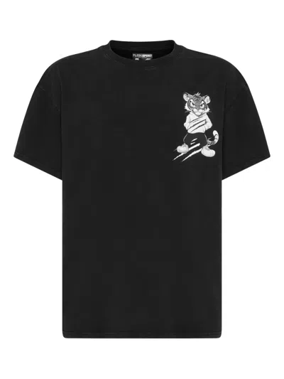 Plein Sport Washed Fleece Round Neck T-shirt Tiger Scratch In Black