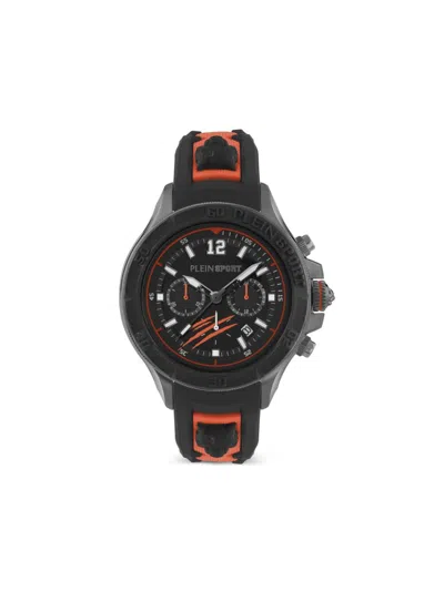 Plein Sport Mens Warrior Tech Chronograph Date Quartz Orange Silicone 47.5mm In Black