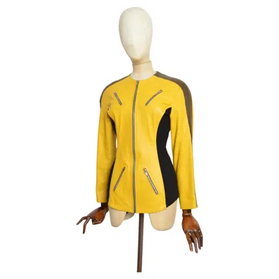 Pre-owned Plein Sud 1990's  Vintage Yellow Moto Leather Fitted Racer Biker Jacket
