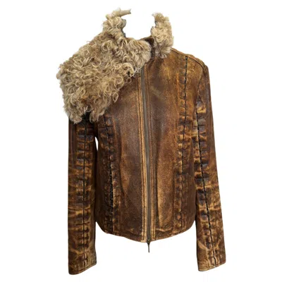 Pre-owned Plein Sud Early 2000s Shearling Collar Leather Jacket In Brown