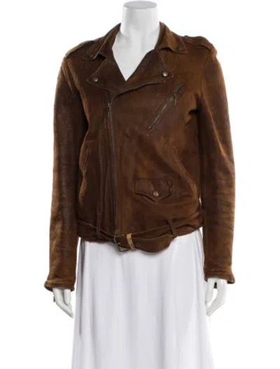 Pre-owned Plein Sud Lamb Leather Biker Jacket In Brown