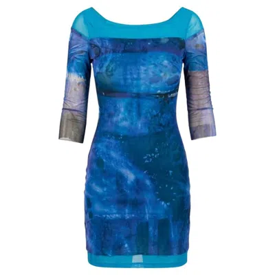 Pre-owned Plein Sud Spring 1998  Jeans By Faycal Amor "cyber Stellar" Mesh Tulle Mini Dress In Blue