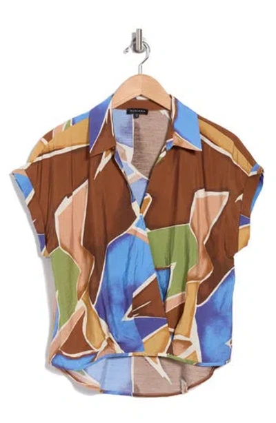 Pleione Airflow Short Sleeve Faux Wrap Top In Blue/choco/taupe Mosaic