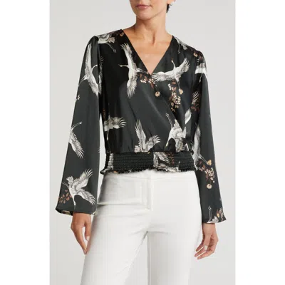 Pleione Bell Sleeve Smocked Waist Top In Crane Print