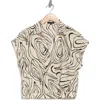 Pleione Collared Short Sleeve Faux Wrap Crop Top In Ivory Black Topo Swirl