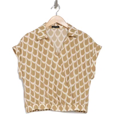 Pleione Collared Short Sleeve Faux Wrap Crop Top In Taupe Ivory Water Drop