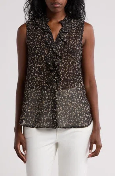 Pleione Ditsy Flower Sleeveless Button-up Shirt In Black Taupe Ditsy Floral