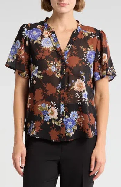 Pleione Floral Ruffle Neck Flutter Sleeve Button-up Top In Vintage Black Floral