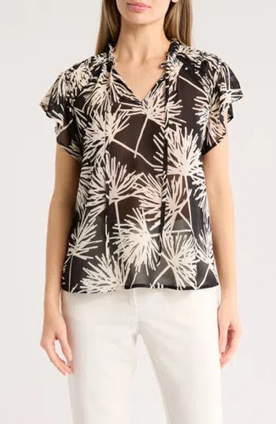 Pleione Flutter Sleeve Split Neck Top In Brown
