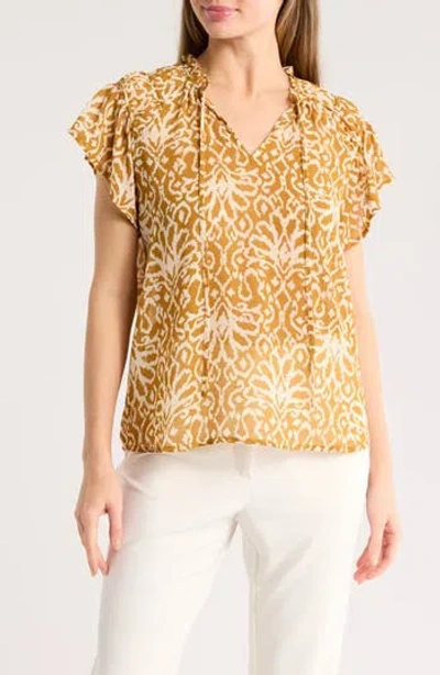 Pleione Flutter Sleeve Split Neck Top In Orange