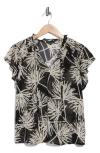 Pleione Flutter Sleeve Split Neck Top In Black/ecru Daisy